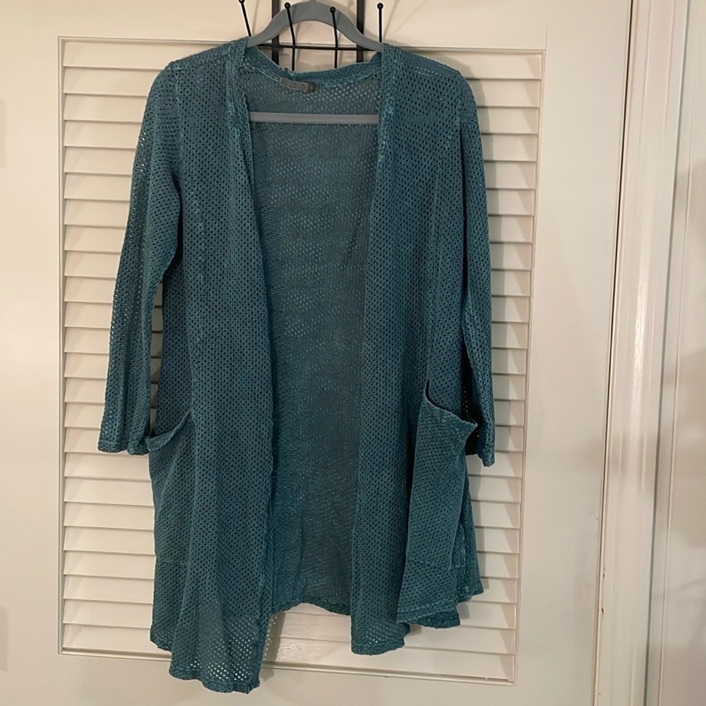 Chalet et ceci Washed Turquoise Perforated Open Pocketed Long Sleeve Top